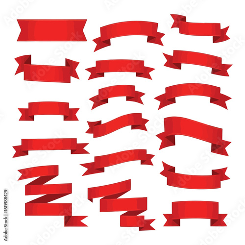 Vector art of a collection of various red ribbons and banners isolated on a white background