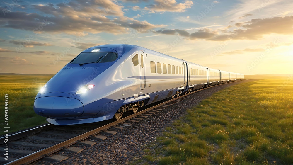 Naklejka premium A modern high-speed train embarks on a railway journey through a scenic landscape at sunset, symbolizing progress.