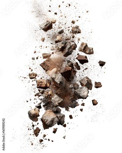 Exploding rocks and dust cloud debris black background