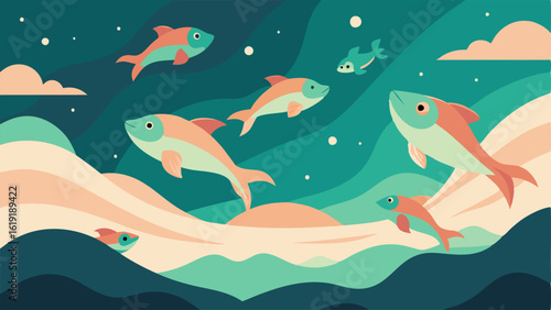 Celestial Swim An enchanting illustration featuring a school of ethereal fish with delicate fins shimmering in pastel colors swimming gracefully a clouds shaped like waves. Below
