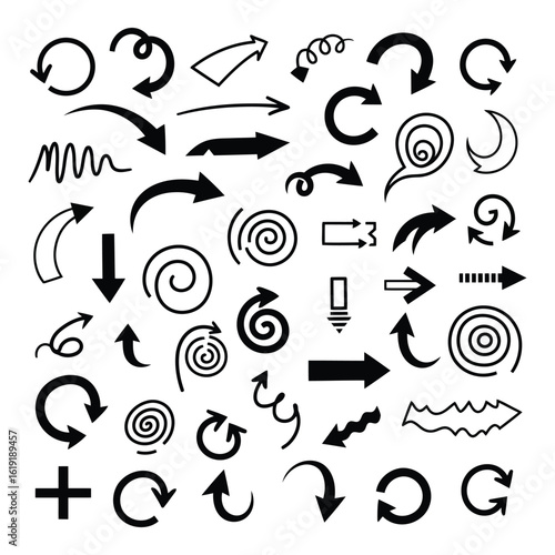 Vector art of a diverse collection of handdrawn arrows and pointers in various shapes and directions