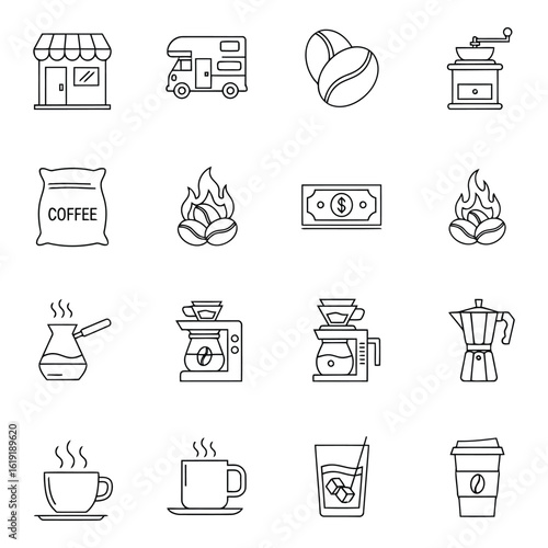 Vector art of a collection of coffeerelated icons, including a shop, camper van, beans, grinder, coffee bag, and various brewing methods