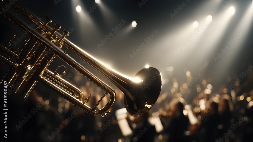 Naklejka premium Golden trumpet in a dimly lit concert hall.