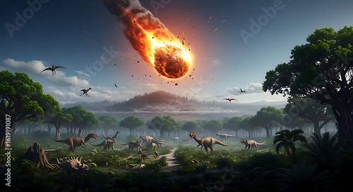 A massive fiery meteor descends upon a prehistoric landscape as dinosaurs begin to flee.