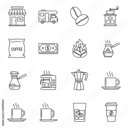 Vector art of a collection of coffeerelated icons, including a shop, camper, beans, grinder, and various brewing methods