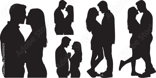 Romantic couple silhouettes embracing and kissing in tender moments isolated on transparent background
