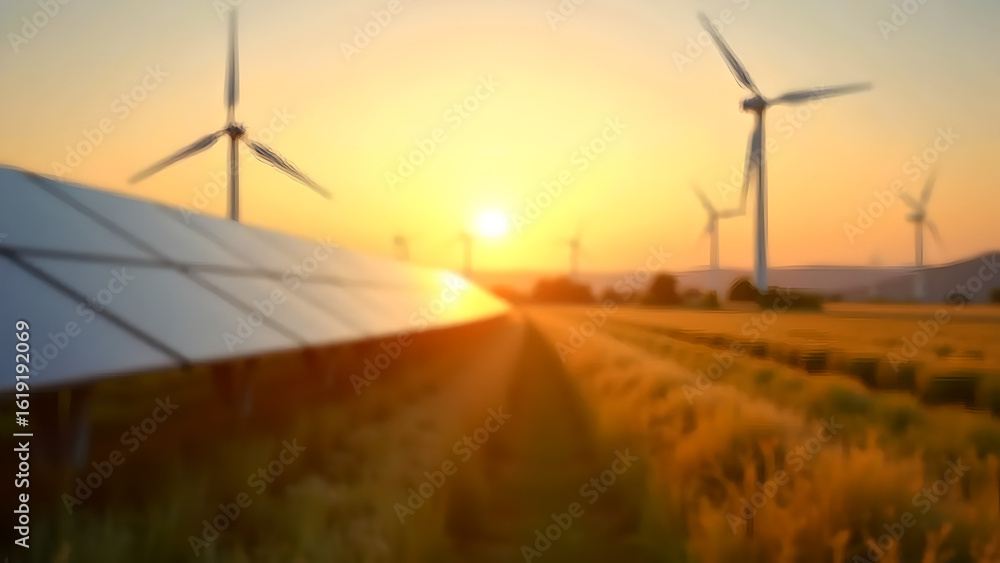 Obraz premium Blurred view of renewable energy landscape at sunset, featuring solar panels in the foreground and wind turbines in the background, warm sunlight shining on the grass, abstract clean energy concept.