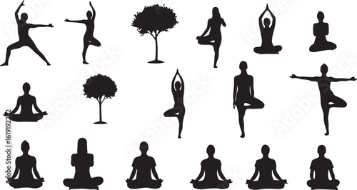 Collection of silhouetted figures performing various yoga poses and trees isolated on transparent background