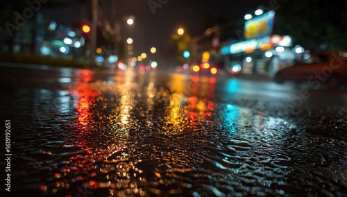 Wet city street at night  blurred lights reflected in puddles  creating a colorful  shimmering effect
