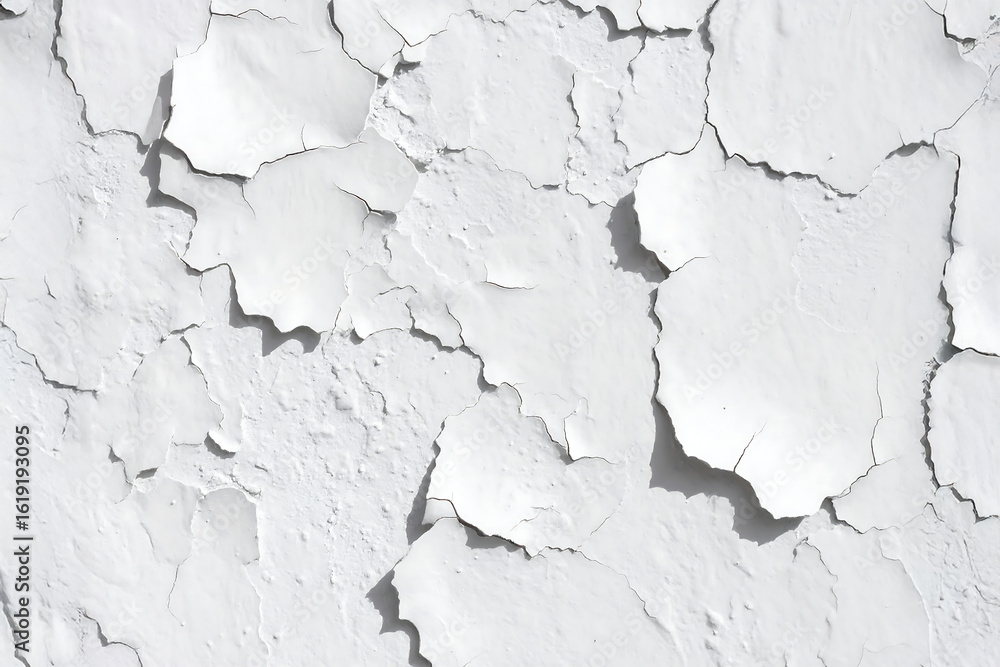 Fototapeta premium Closeup of a weathered white wall with peeling paint, revealing a cracked and rough aged plaster texture.
