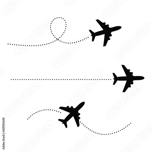 Vector art of three airplanes in silhouette flying on different dotted routes isolated on white background