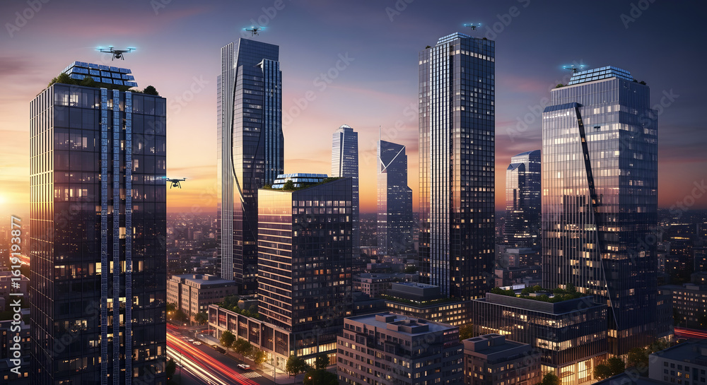 Obraz premium Futuristic smart city skyline with autonomous delivery drones flying over modern skyscrapers at sunset. A digital rendering of urban innovation.