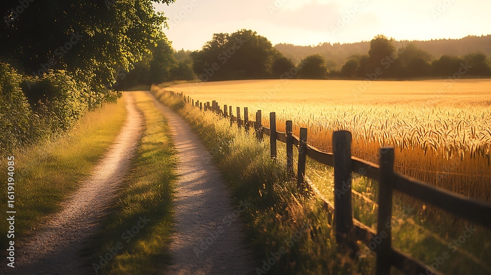 Obraz premium Walking the Path Beside a Wheat Field at Sunset Countryside Scenery