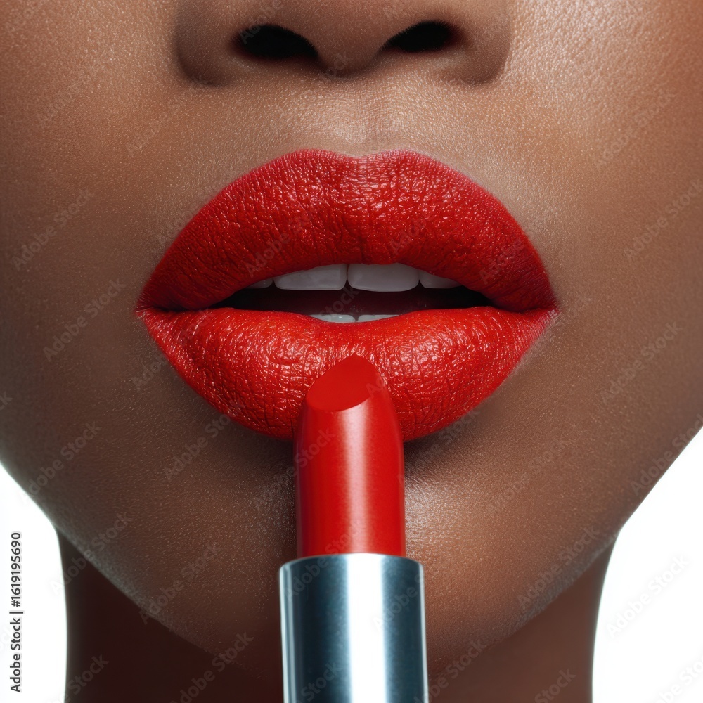 Obraz premium Woman applying red lipstick close-up in a glamorous beauty portrait studio