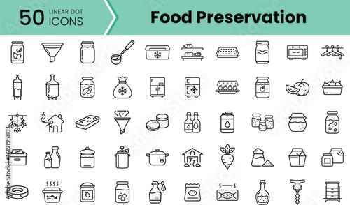 A collection of 50 linear dot icons representing various food preservation methods, including jars, containers, and tools used for canning and storage.
