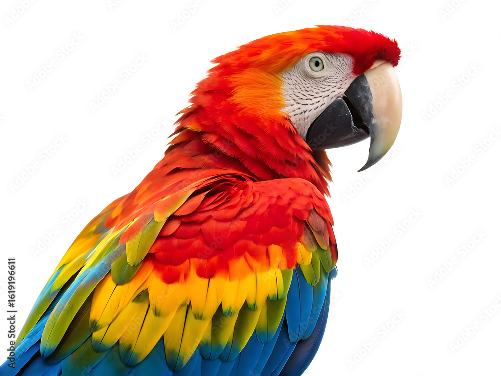 Obraz premium Close up view of a vibrant scarlet macaw with bright feathers against a white background looking right