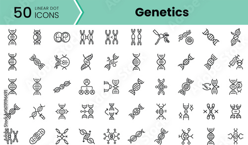 A collection of 50 linear icons representing various aspects of genetics, including DNA strands, chromosomes, and cellular structures in a minimalist style.