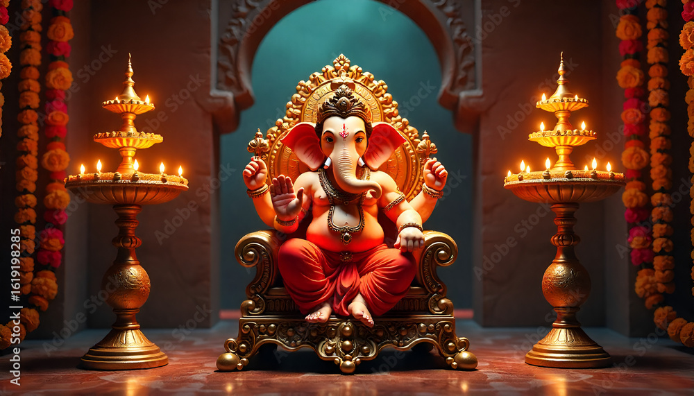 Obraz premium Majestic Lord Ganesha idol in a beautifully lit temple with an intricate backdrop.