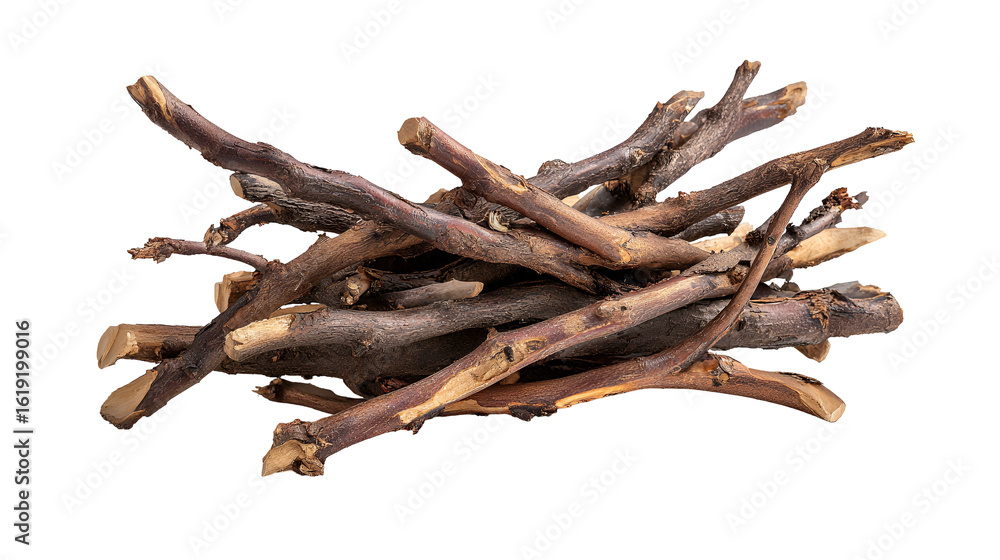 Fototapeta premium Small brown twigs pile isolated black background