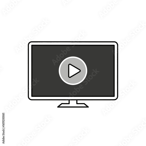 Minimalist computer monitor icon with a circular play button, representing video streaming and media.