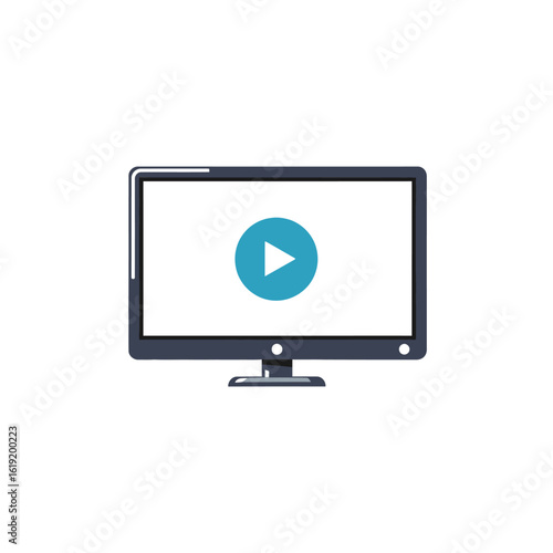 Modern flat design desktop monitor with a blue video play button icon on its white screen.