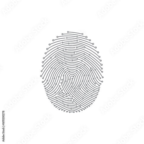 Monochrome digital fingerprint icon with circuit board pattern, nodes, and connections.