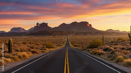 A paved road stretches into a desert landscape at sunrise, with dramatic mesas and cacti
