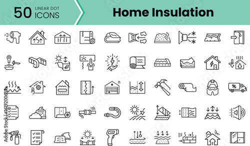 A diverse set of 50 linear icons representing home insulation techniques, materials, and tools, ideal for construction and renovation projects.
