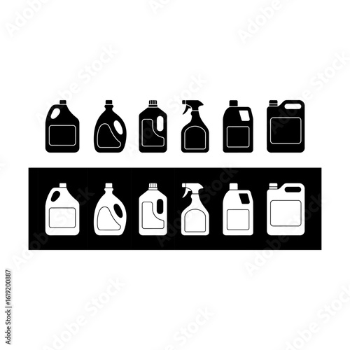 Collection of cleaning product bottles and containers with spray nozzles and handles in silhouette