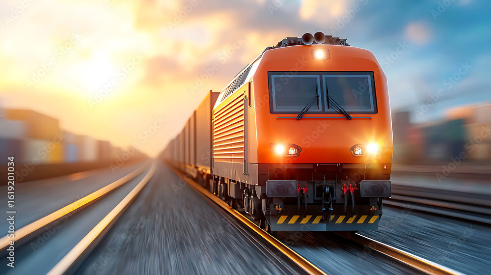 Naklejka premium Fast freight train approaching sunset railway tracks dynamic image outdoor environment perspective on motion