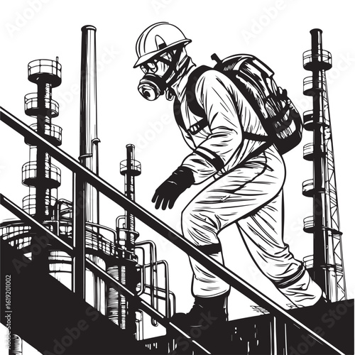 Industrial Worker Ascending Complex Structure Wearing Protective Gear in a Monochrome Depiction of a Manufacturing Environment with Towering Infrastructure