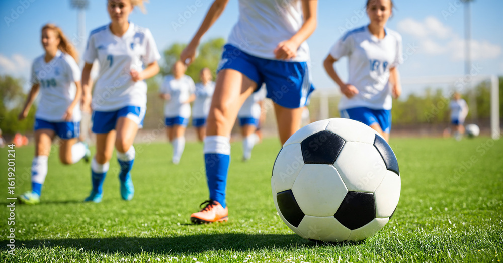 Fototapeta premium soccer ball on a green field with a women's football team training