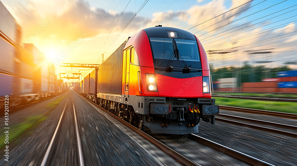Fototapeta premium Dynamic freight train journey at sunset industrial landscape photography rail transport side view motion and speed