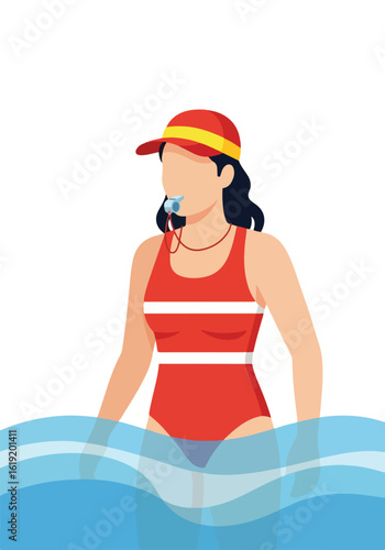 Female Lifeguard in Red Swimsuit with Whistle Standing in Water - Flat Vector Illustration