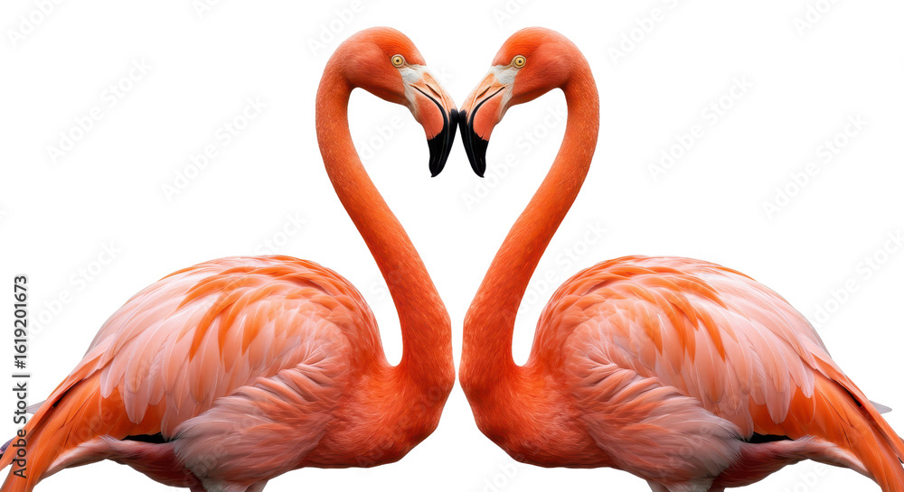 Obraz premium Two pink flamingos in love forming a heart shape isolated PNG with Transparent Background