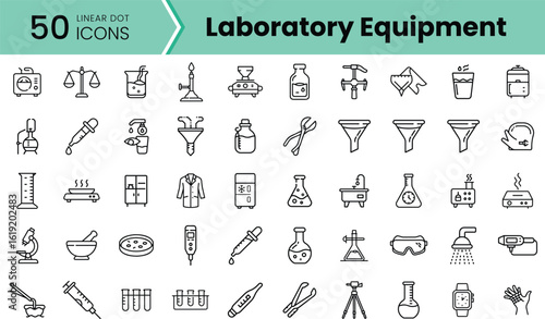 A collection of laboratory equipment icons, featuring various items like flasks, beakers, and pipettes, illustrated in a minimalist linear style.