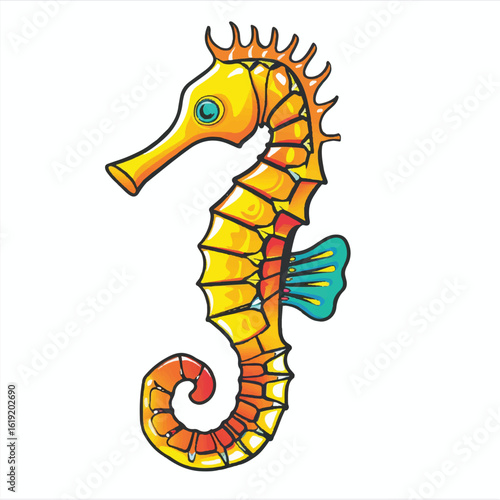 Cartoon Seahorse with Yellow Body Orange Accents and Blue Fin