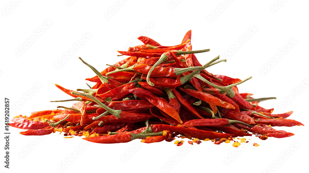 Naklejka premium Dried red chili peppers spice pile black background
