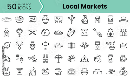 A colorful collection of linear icons representing local market items, featuring food, fresh produce, and market-related objects in a clean, modern style.