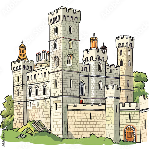 Cartoon illustration of a medieval castle with towers turrets and stone walls