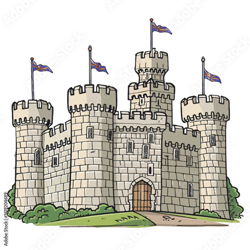 Cartoon Medieval Castle with Flags and Stone Walls Illustration