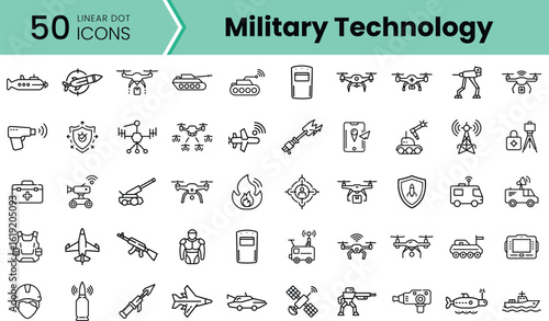 A collection of linear icons representing various military technology, including drones, vehicles, and defense systems, showcasing innovation in modern warfare.