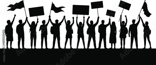 Silhouette of a diverse group of people protesting and holding flags and signs