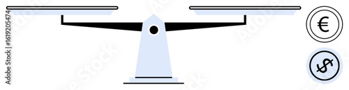 Balanced scale weighing concepts of Euro and Dollar currencies, emphasizing equality, finance, economy, money management, decision-making, investment strategies, and exchange rates as flat simple