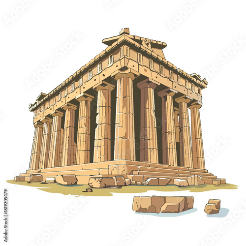 Cartoon Parthenon with Doric Columns and Fallen Stone Blocks