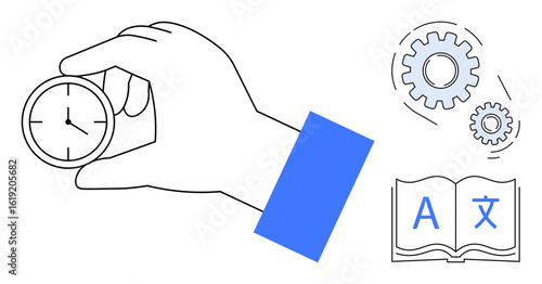 Hand holding small clock, open book with multilingual letters, two interlocking gears. Ideal for time management, learning, productivity, strategy, organization development education. Simple flat