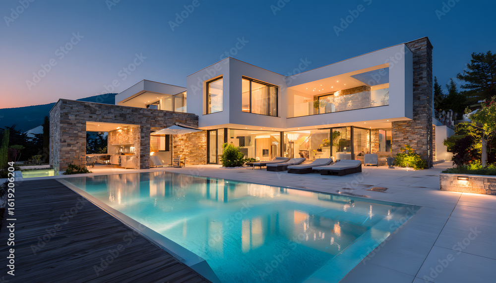 Fototapeta premium Modern luxury villa exterior at dusk. Contemporary design features large windows, pool. Smart home, automated buildings concept, real estate, property management. Eco-friendly, sustainable living.