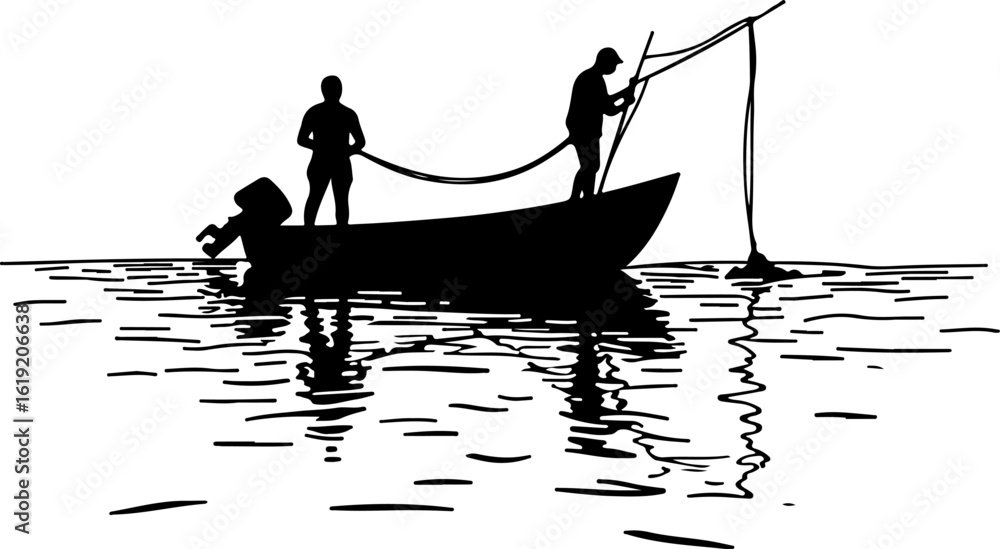 Naklejka premium silhouette of a fisherman with fishing boat, sunset, boat, water, fishing, sea, fisherman, lake, silhouette, river, nature, sun, sunrise, beach, fish, landscape, sky, sport, kayak, people, ocean, refl