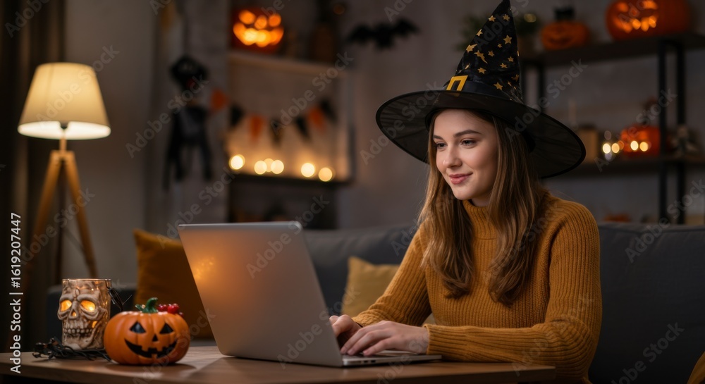 Fototapeta premium Halloween-themed online work session cozy living room digital content festive environment casual viewpoint spooky concept for engagement