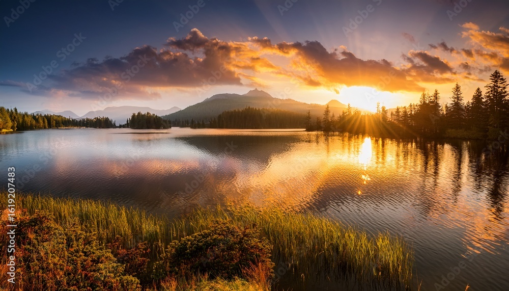 Fototapeta premium golden hour sunset over tranquil lake captivating nature landscape serene environment peaceful viewpoint vibrant colors for relaxation